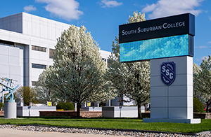 The exterior of South Suburban College in South Holland, IL