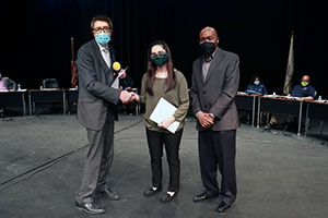 A featured photo of Vice President of Administration Martin Lareau, Student Trustee Fatima Serrato and Chairman of the Board of Trustees, Terry R. Wells.